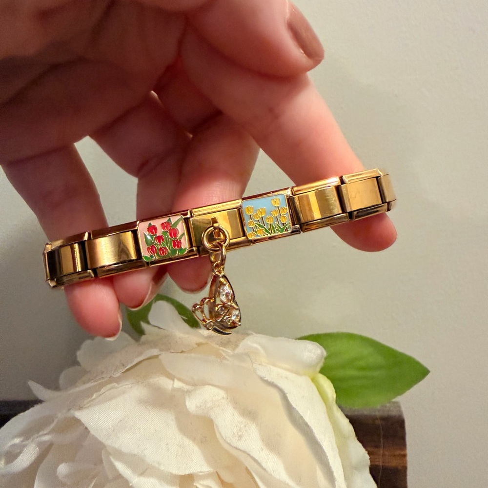 Gold-Tone Italian Charm Bracelet with Tulip Links & Butterfly Dangle Charm